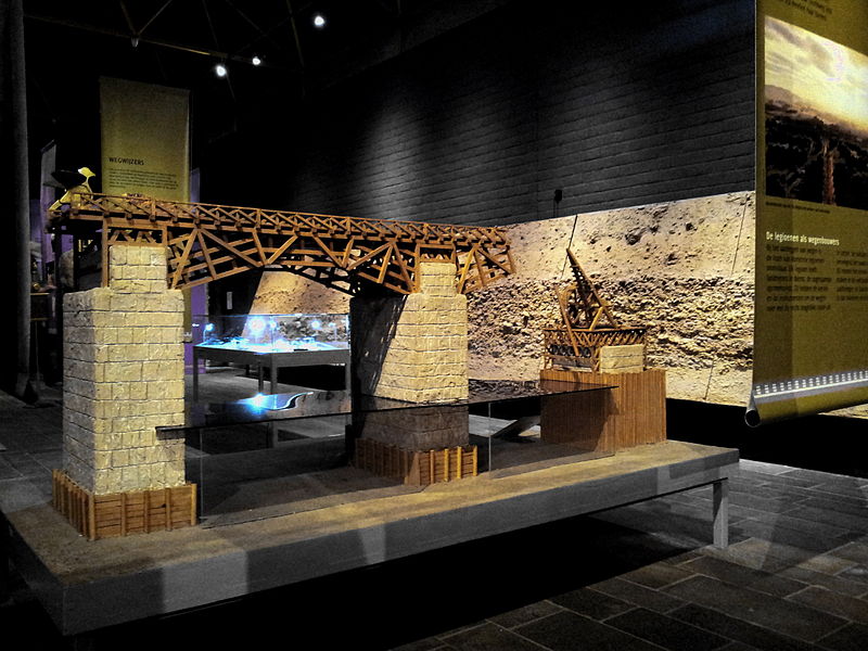 Reconstruction of the Roman bridge in Traiectum ad Mosam(Maastricht), which stretched across the Maas River, and was part of the via Belgica road. Part of the exhibition, "Via Belgica,” at the Thermenmuseum, Heerlen, Limburg, The Netherlands.
