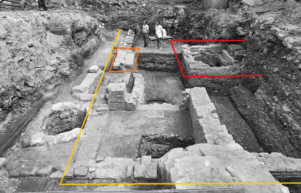 The Derlon excavation site in 1983. The yellow line indicates the northwest boundary of the sanctuary. The entrance gate through the propylaea is within the orange outline. The red line indicates the broken pedestal of the god pillar.