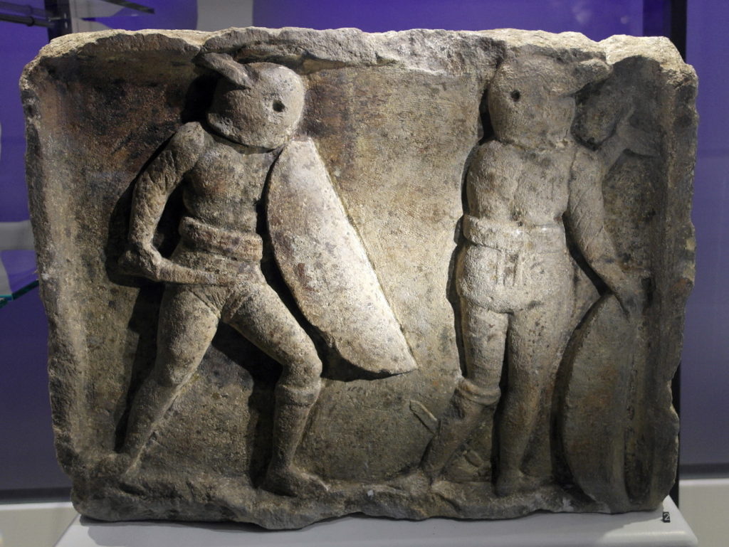  Relief with two gladiators, 190-220 AD, excavated in 1900 in Plankstraat 7, Maastricht, now in the archaeological collection of the Limburgs Museum in Venlo, the Netherlands.  (Image credit:  Kleon3, CC BY-SA 4.0) 