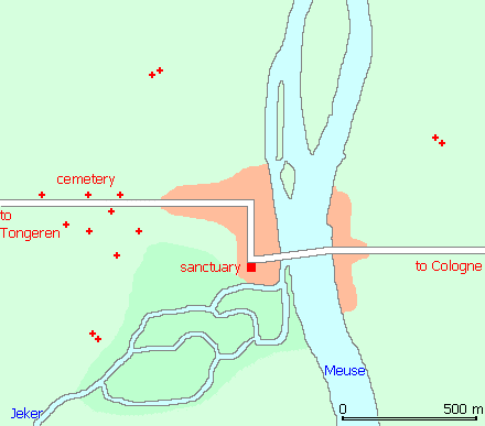 Roman environs of Maastricht showing its orientation with Tongeren and sites of excavated Roman necropoli along the via Belgica road. The sanctuary is the site of the Jupiter sanctuary, at the site of the Vrijthof in Maastricht. 